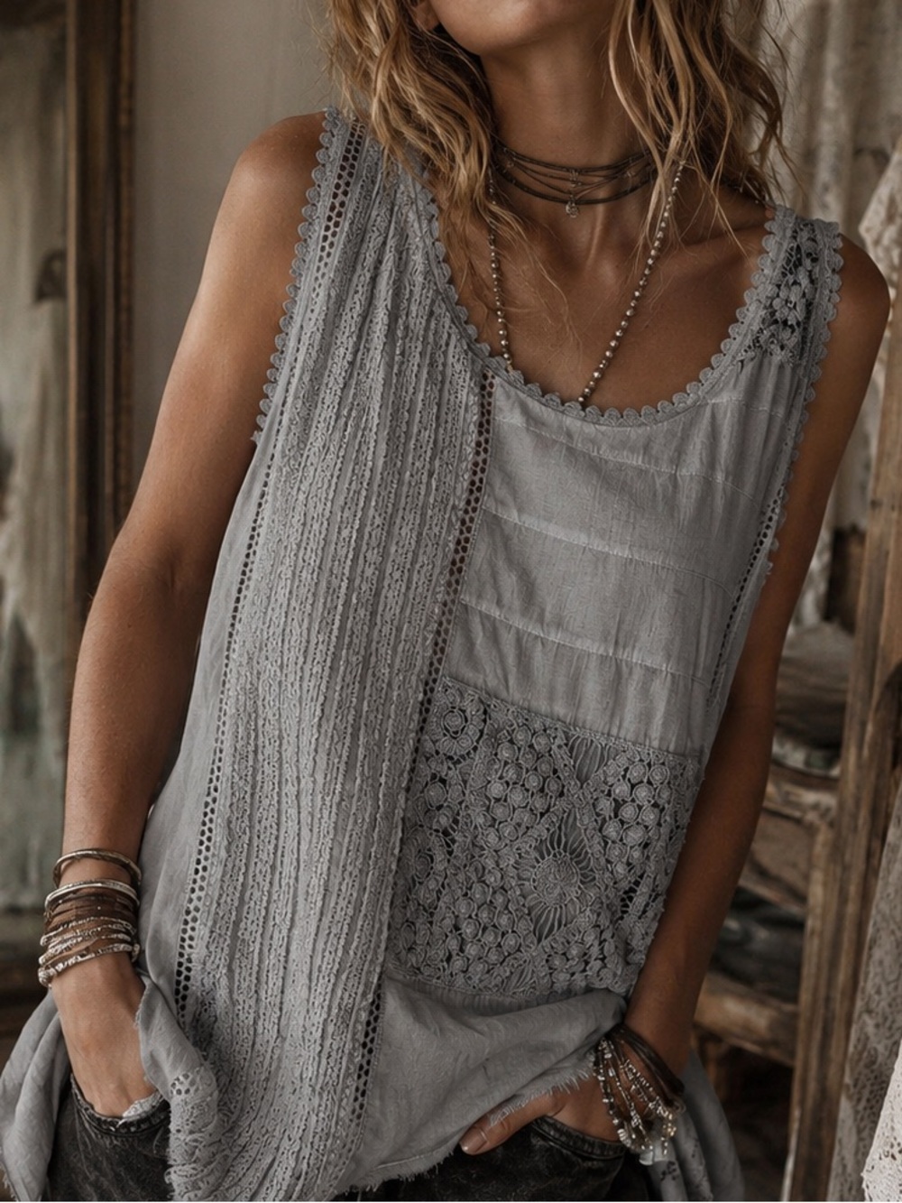 A Rare Bird Lace Detail Cotton Oversized Boho Cami Top NWT S/M